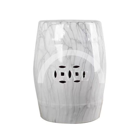 Chinese Ceramic Drum Stool with Marble Pattern - White